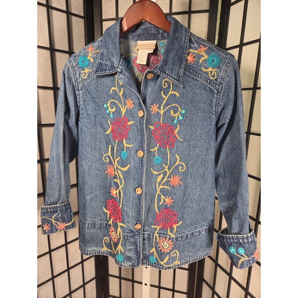 Coldwater Creek Artsy Cottagecore  Floral‎ Embroidered Denim Jacket Size Small